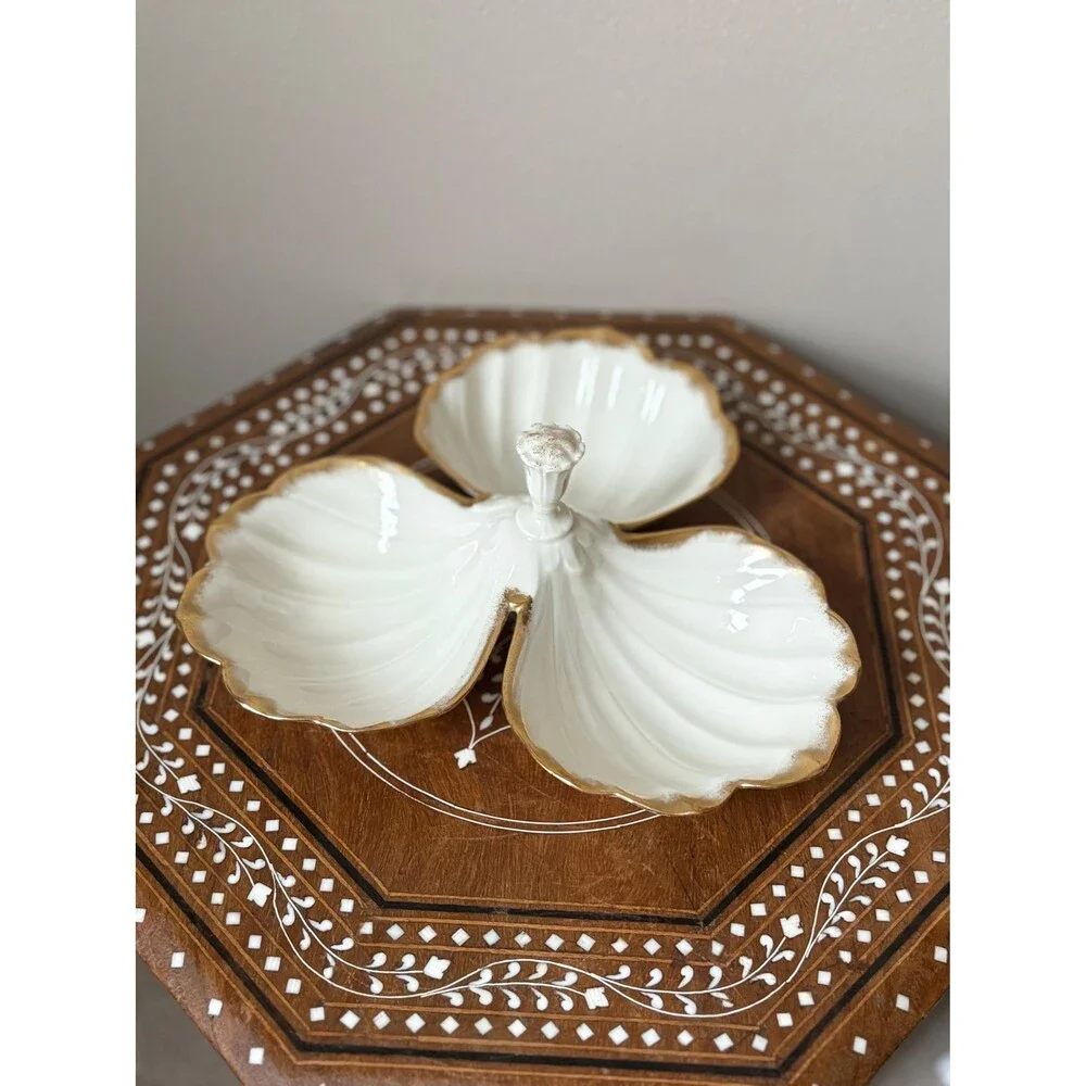 Vintage Lenox Triple Leaf Shell Dish Candy Nuts Gold Trim